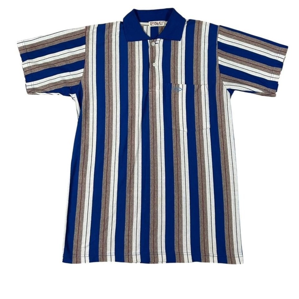 Men's Vintage Thailand Blue Brown White Striped Button Shirt Retro 90s M